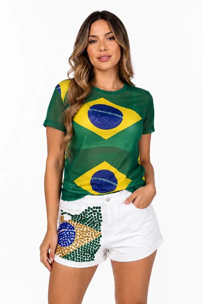 Short Denim Brasil Bordado Premium