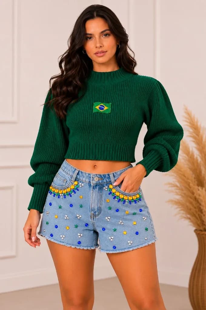 Tricô Cropped Manga Bufante Brasil Premium