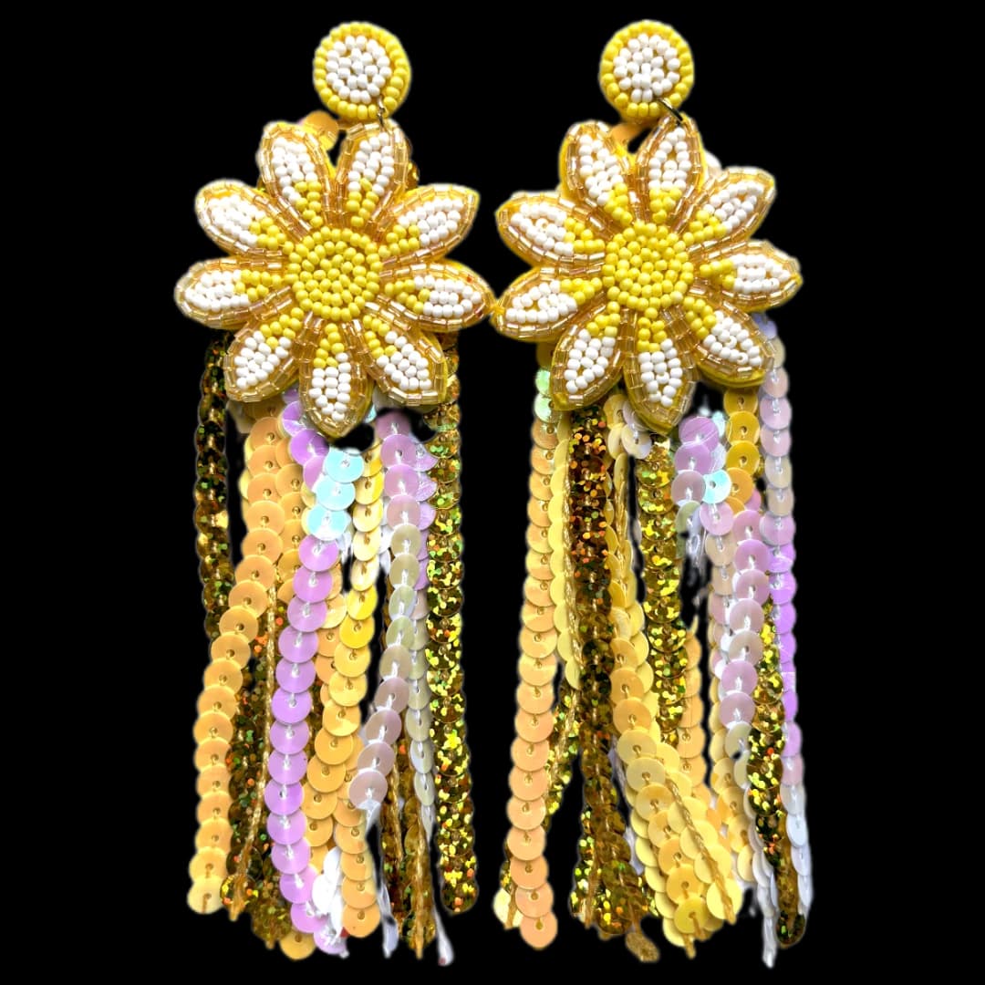 Brinco Flor Amarela Bordada Com Franjas De Paetês