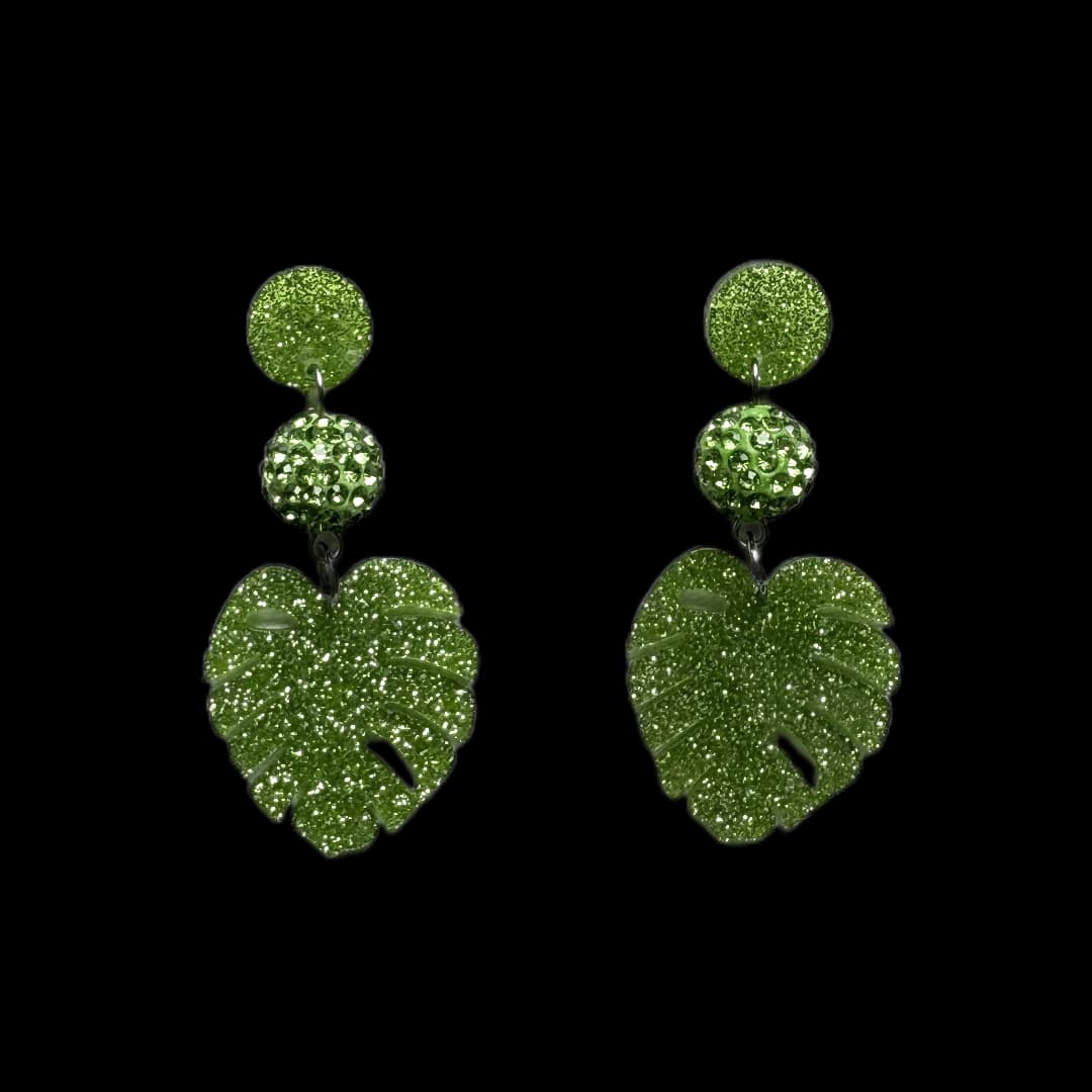 Brinco Folha Tropical Verde Glitter