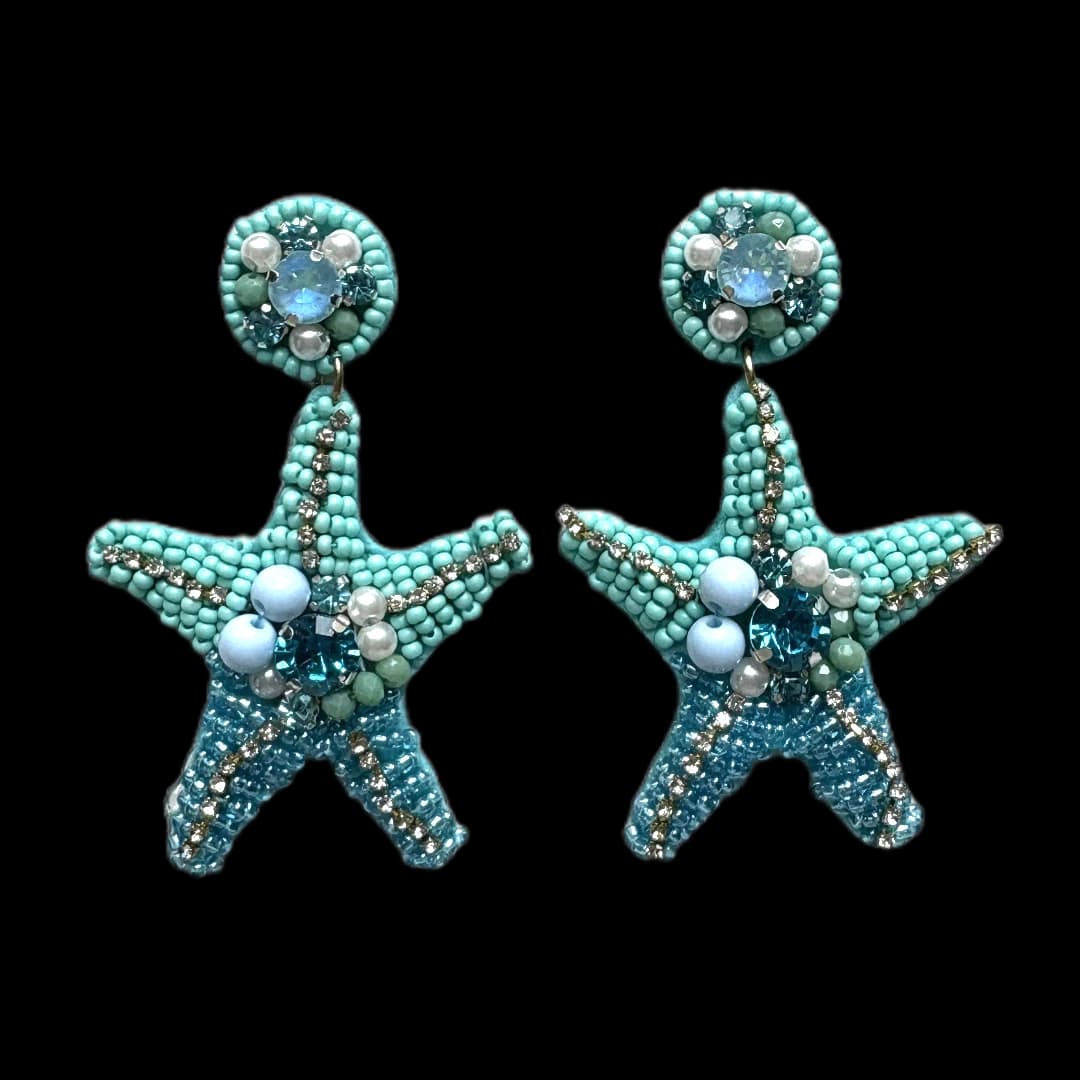 Brinco Estrela-do-mar Bordado Azul Com Pedrarias
